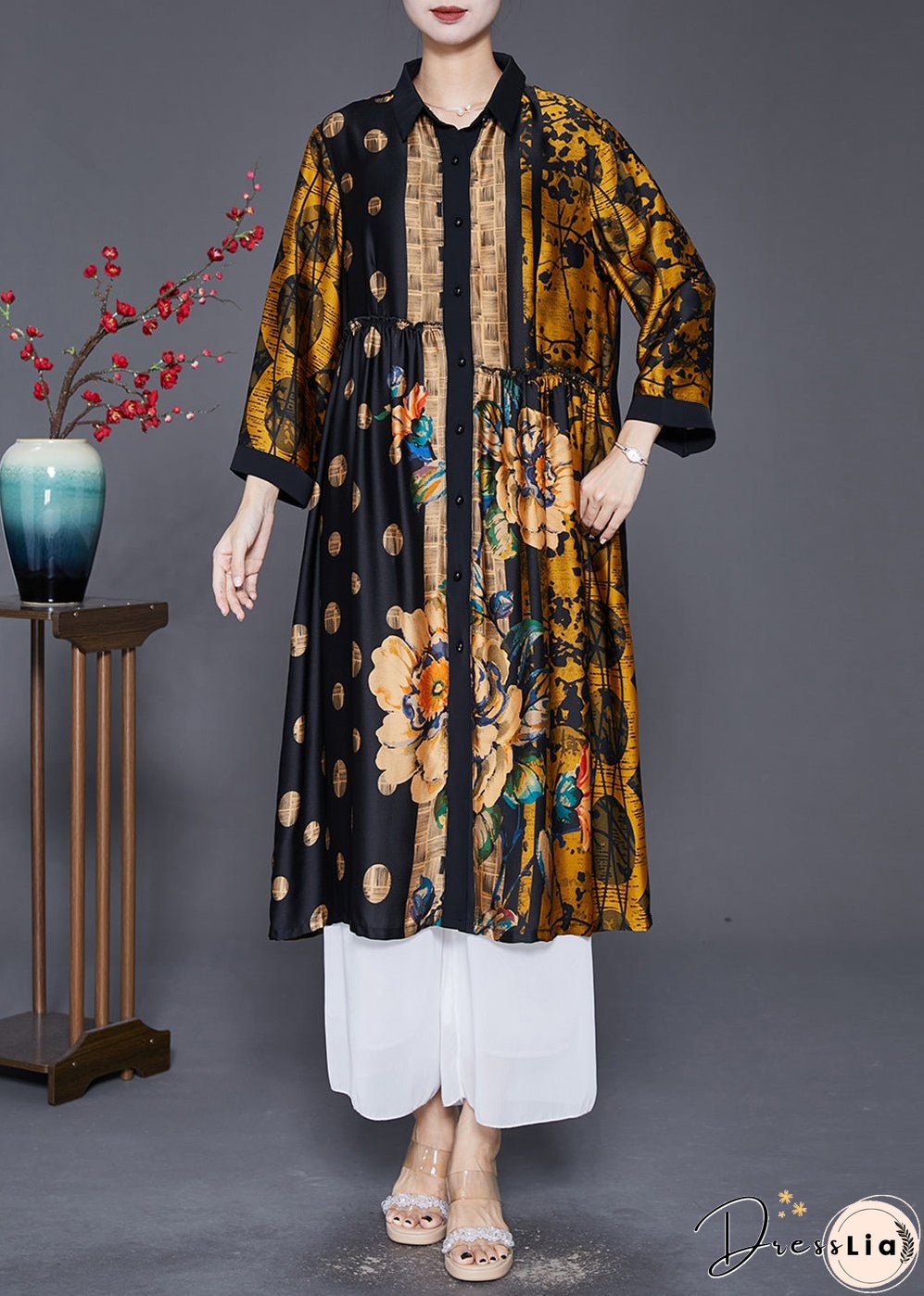 Handmade Yellow Oversized Print Wrinkled Silk Coats Fall