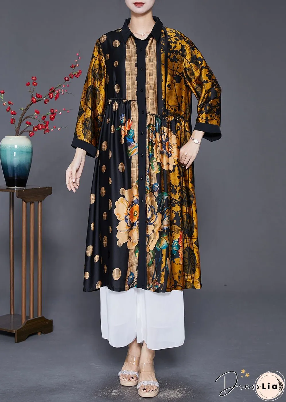 Handmade Yellow Oversized Print Wrinkled Silk Coats Fall