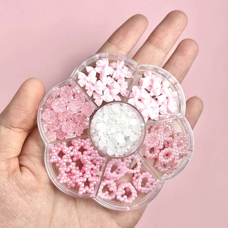 7-Grid Mixed Bow Pearl Nail Beauty Ornament Girl’s Style Mini Small Bow Tie Nail Material Package Box