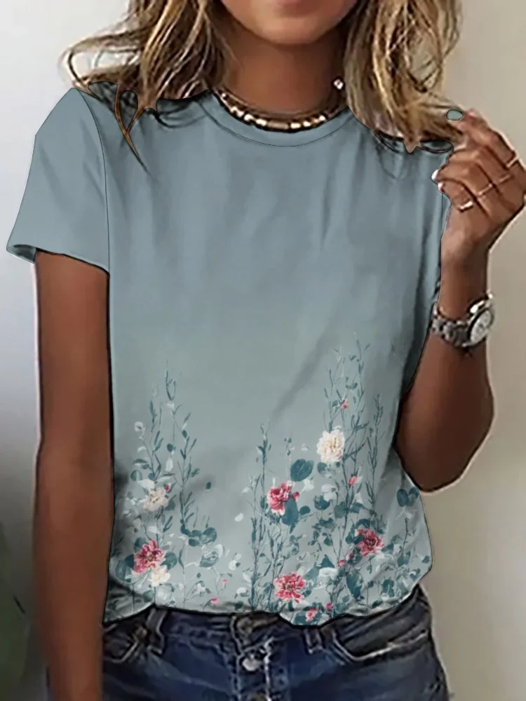 Printed Short Sleeve Casual T-shirt for  Women and Men Unisex Pattern Floral, Green, Red