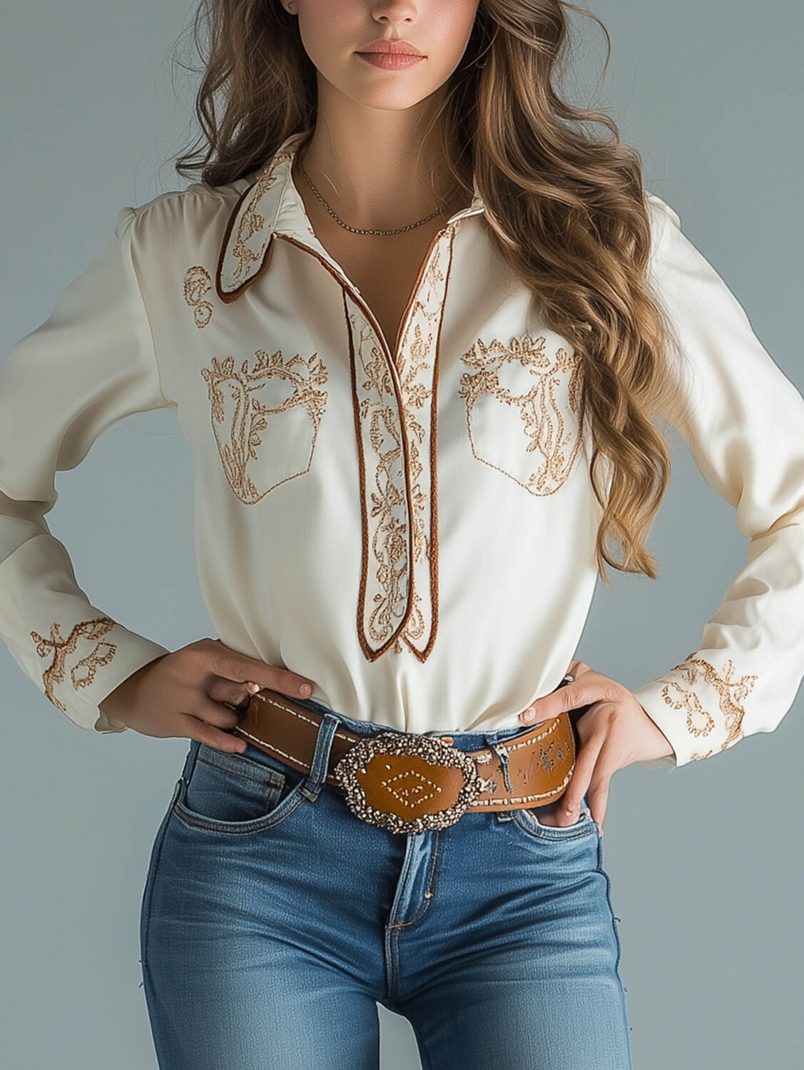 Ursime Western Turndown Collar Half Placket Floral Long Sleeve Blouse