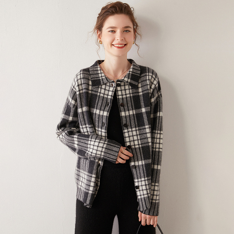 Plaid Warm Cashmere Cardigan For Women REAL SILK LIFE