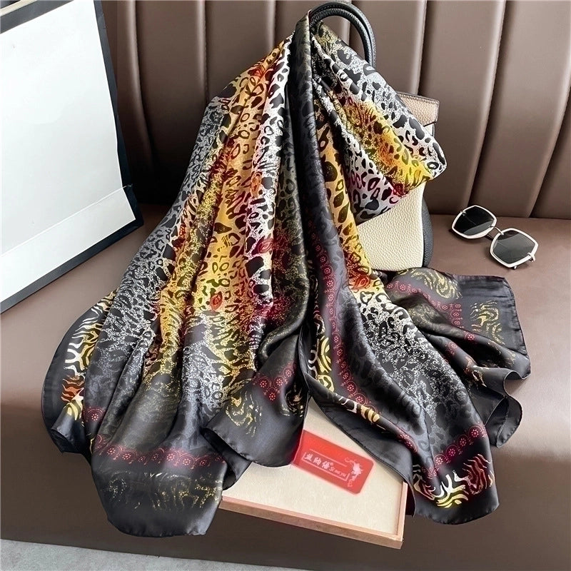Adults French Style Modern Style Leopard Satin Printing Silk Scarf Shawl