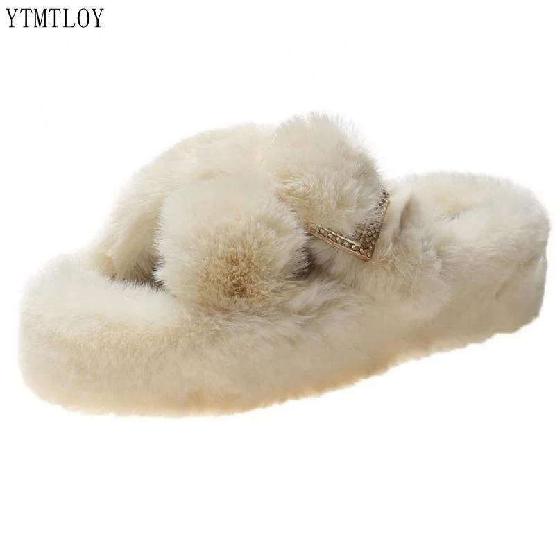 2022 New Women Fur Slippers Winter Slides Fluffy Furry Sandals Flip Flops Home Hot Ladies Plush Shoes Ytmtloy Indoor Zapato Muje