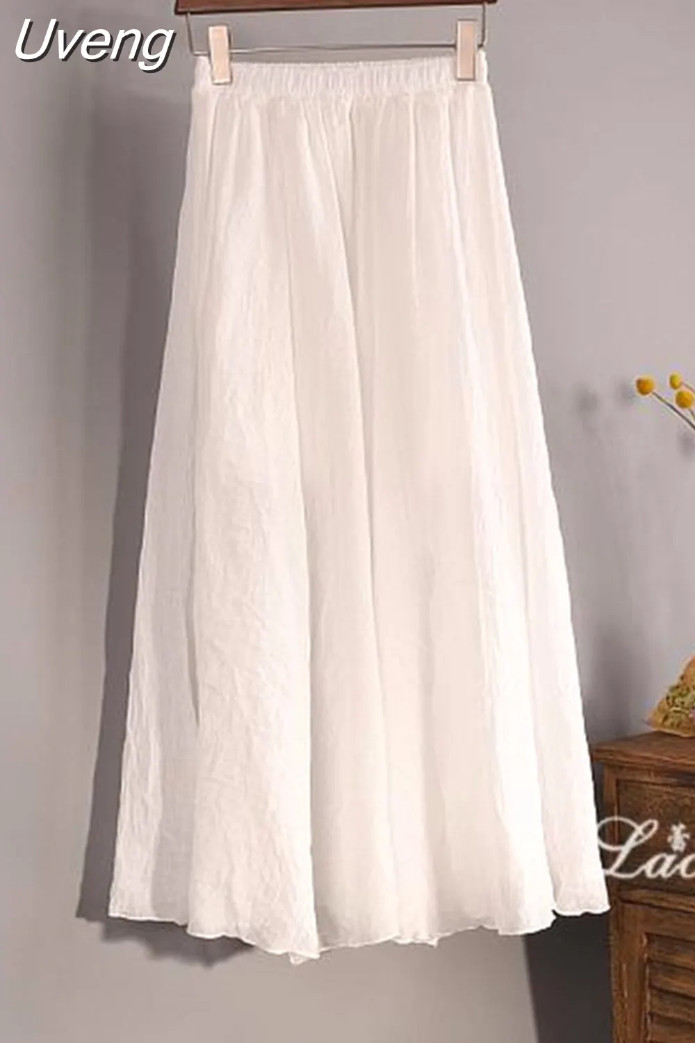 Uveng Women's Elegant 16 Color High Waist Elastic Waist Linen Pleated Long Skirts Ladies Slim Casual Skirt Saias New 2023 Summer SK05