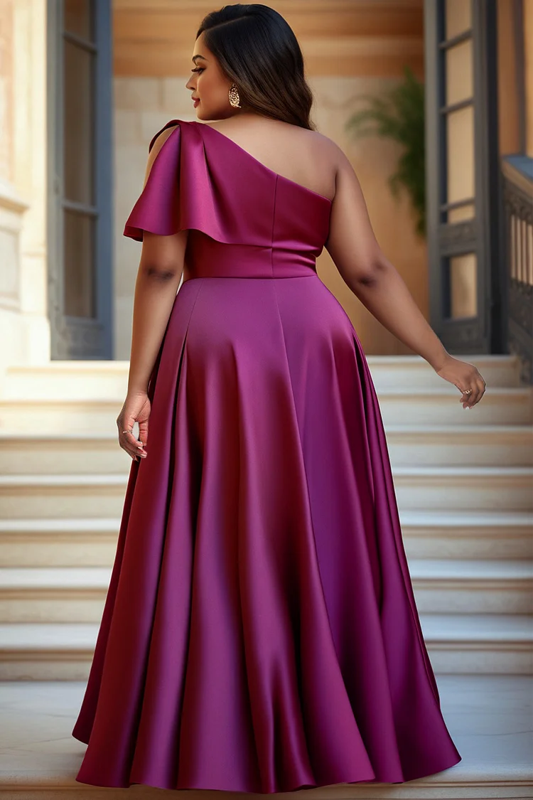Xpluswear Design Plus Size Formal Purple Elegant Oblique Collar Satin Maxi Dresses