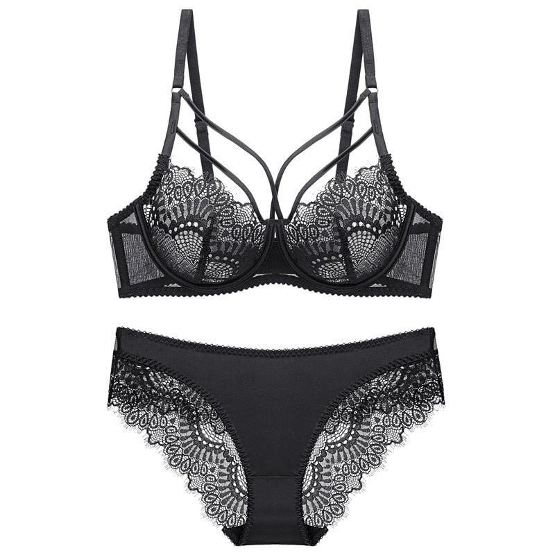 Classic Hollow Bandage Sexy Lace Underwear Ultra thin Transparent Women Push Up Bra Set Fashion Black Pink Large Size Brassiere
