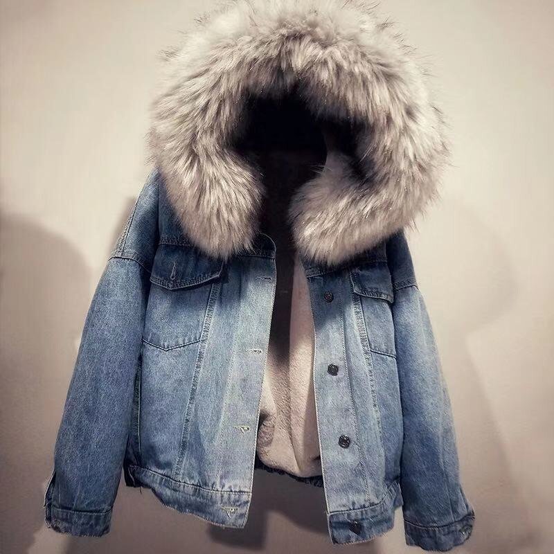 Winter Warm Big Fur Collar Korean Locomotive Lamb Coat Female Solid Student Short Coat Velvet Thick Denim Jacket Female 16760