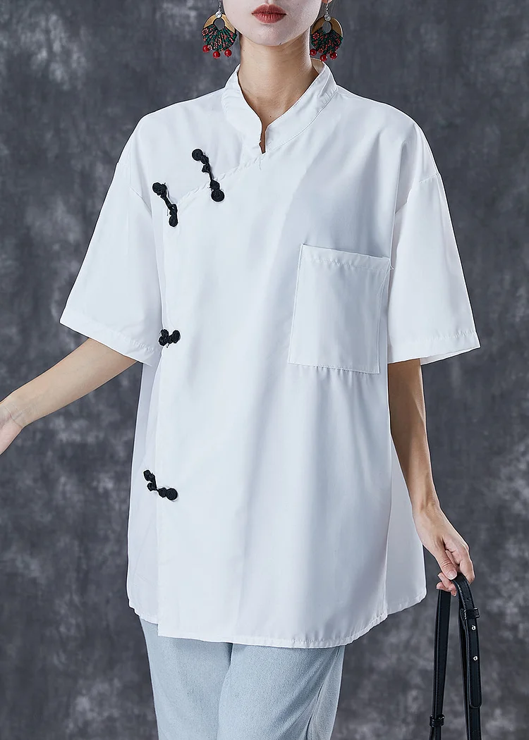 Chinese Style White Oversized Cotton Shirt Top Short Sleeve