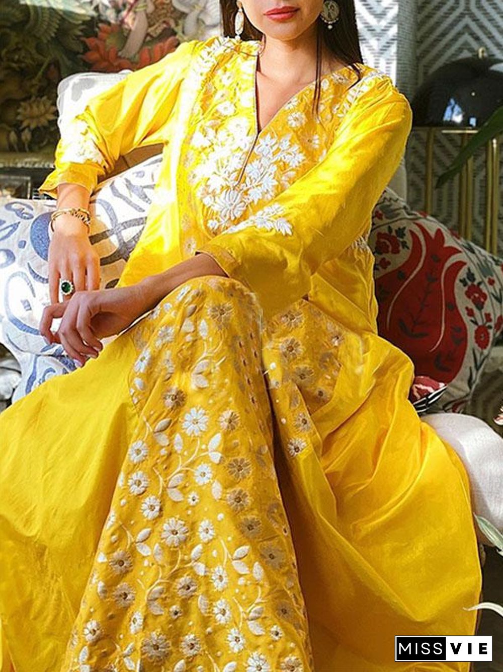 V Neck Floral Embroidery Yellow Maxi Dress