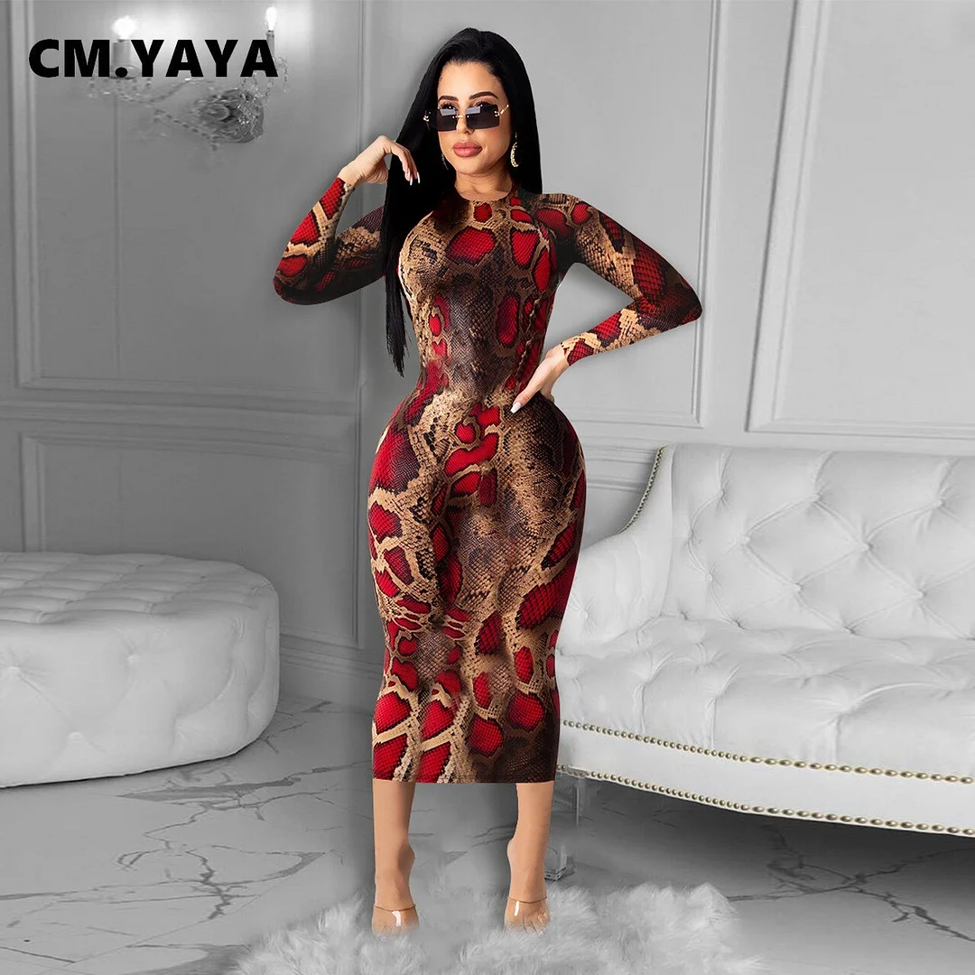 CM.YAYA Fall Winter Street Leopard Print Women Midi Dress Long Sleeve Active Bodycon Sexy Club Party Pencil Mid-Calf Dresses