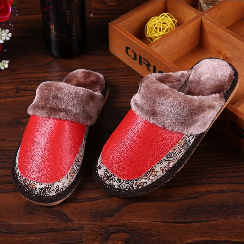 Genuine Leather Slippers Women Luxury Velvet Fur Slippers Pattern House Slippers Winter Indoor Slippers Living Soft Shoes Women