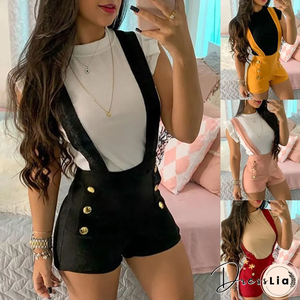 Summer Womens Fashion Slim Fit Button Casual Suspender Romper Jumpsuits Short Pants Daily