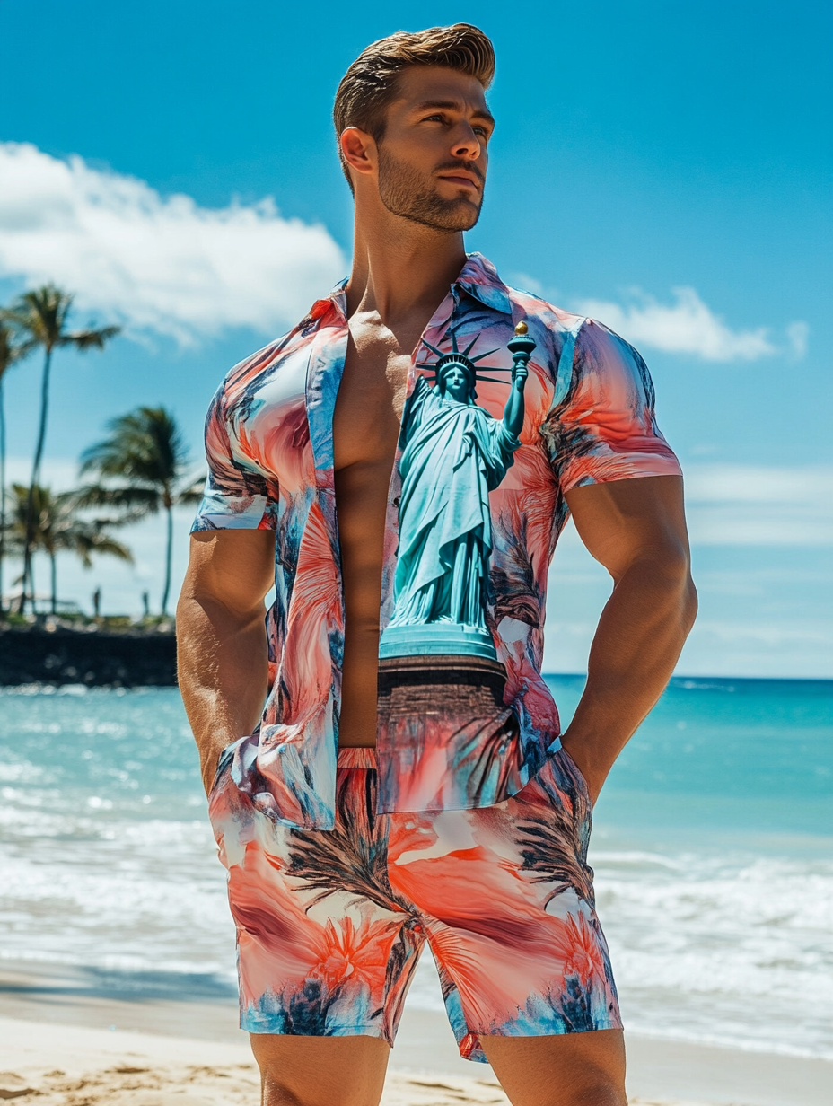 Statue of Liberty Hawaiian Print Shirt Set