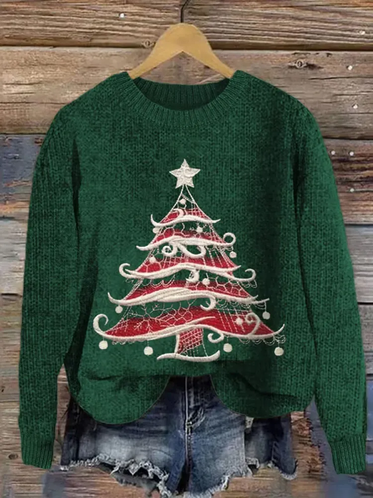 Merry Christmas Tree Art Print Knit V-neck Pullover Sweater