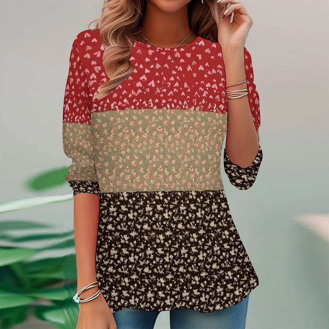 Vintage Printed Long Sleeve Plus Size Tunic for  Women and Men Unisex Pattern Floral,Heart,Red,Light Coffe,Navy,Stitch