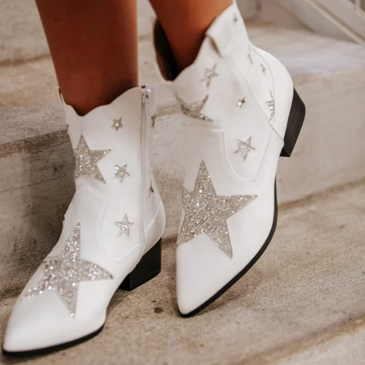 White Rhinestone Stars Pointed Toe Block Heel Western Boots for Women |FSJ Shoes