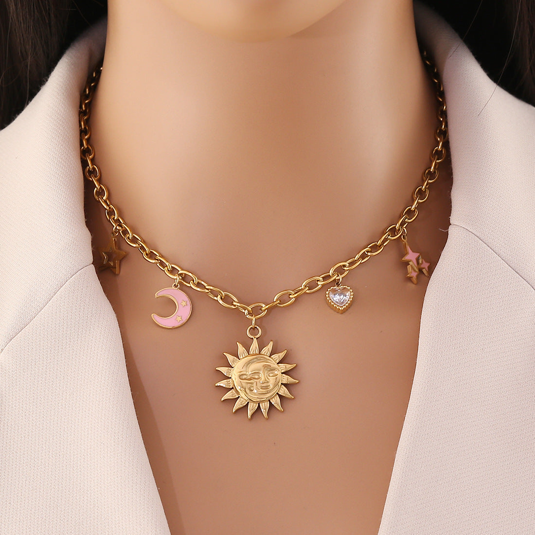 Sun Portrait Star Moon Thick Necklace Starfish Love Stainless Steel Clavicle Chain N1496