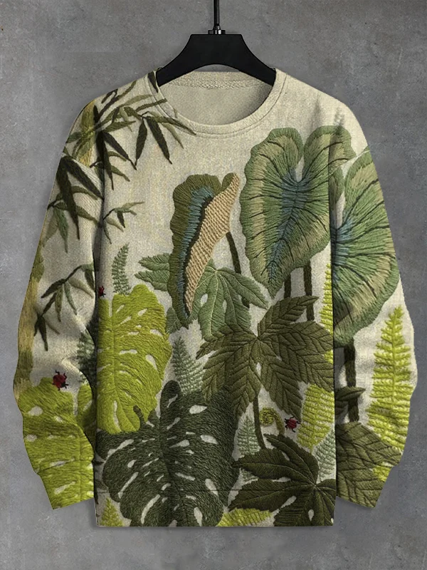 Men's Leaf Embroidery Art Print Casual Sweatshirt