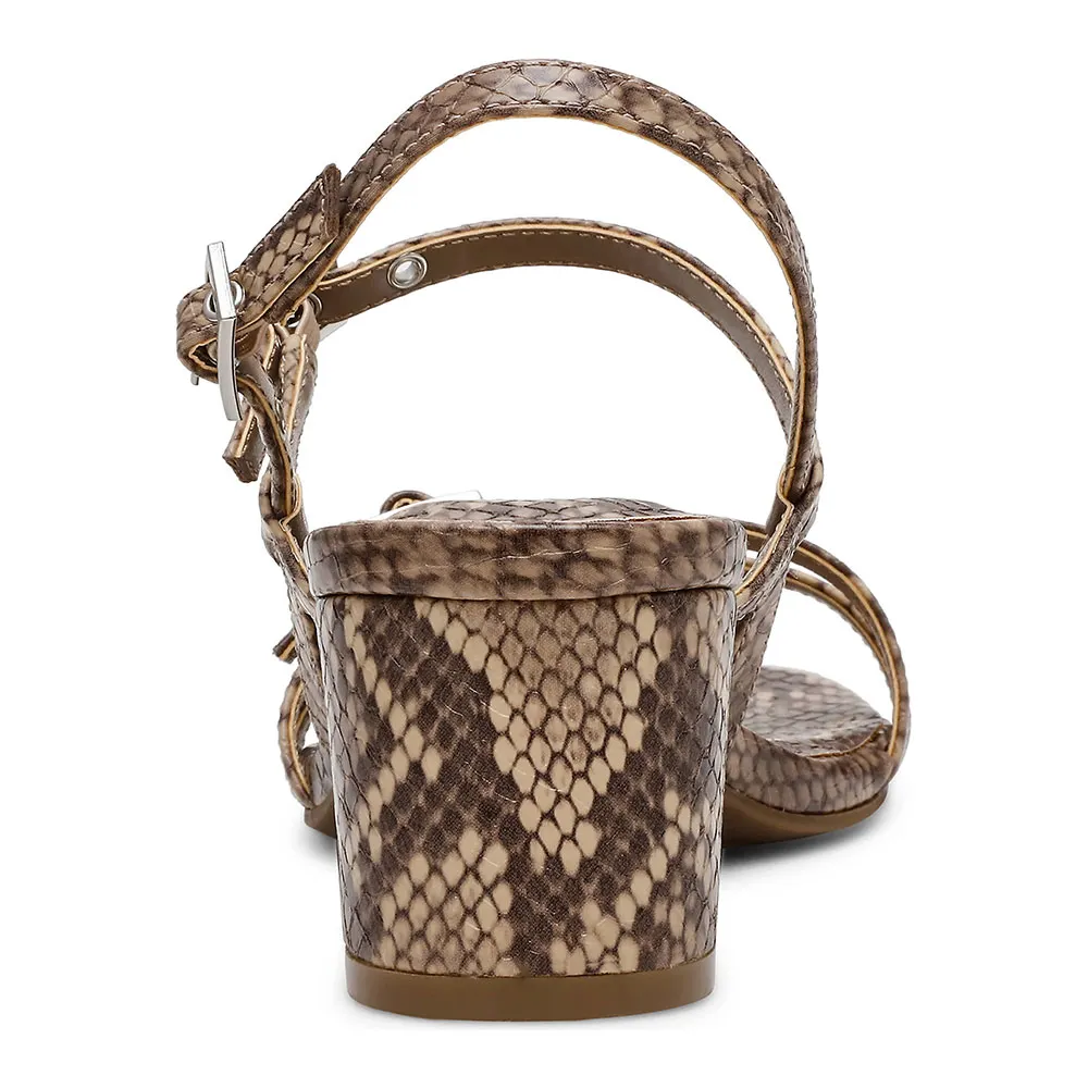 Taupe Square Toe Snakekin Print Buckle Strappy Women's Heel Sandals