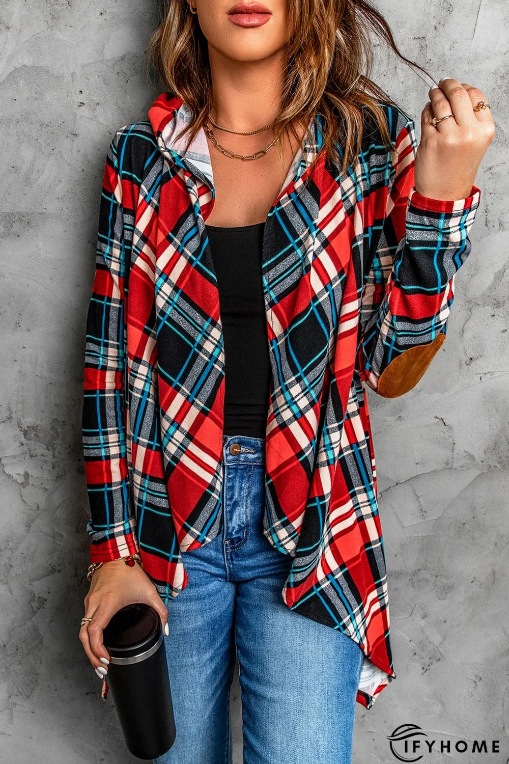 Suede Elbow Patch Hooded Plaid Cardigan | IFYHOME