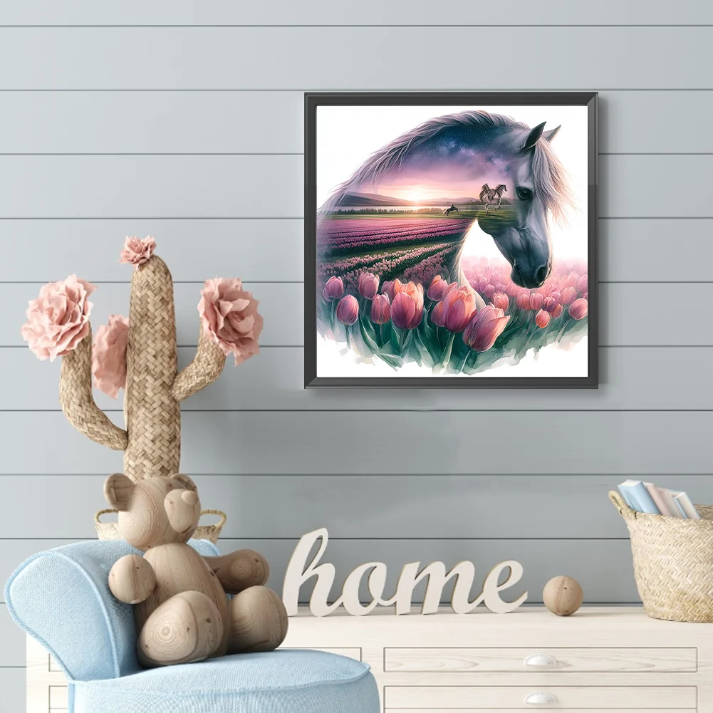 Diamond Painting - Full Round Drill - Tulip Horse Silhouettes(Canvas|30*30cm)