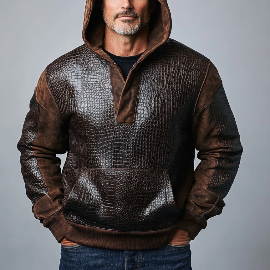 Men's Vintage Pocket Alligator Pattern PU Leather Half Placket Hoodie