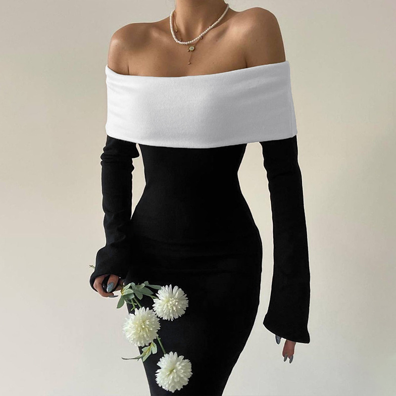 Ootddress Off-Shoulder Patchwork Slim Maxi Dress For Women Long Sleeve High Waist Elegant Backless Party Dress Female Autumn Outfit