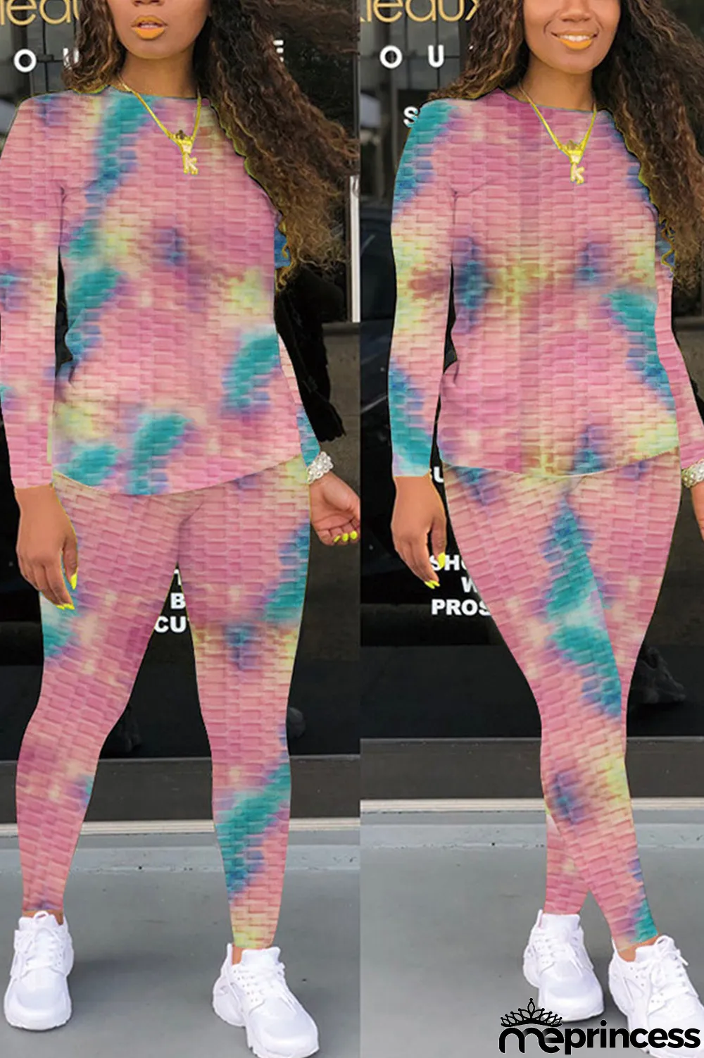 Pink Casual Gradual Change Print Tie Dye Split Joint O Neck Long Sleeve Two Pieces