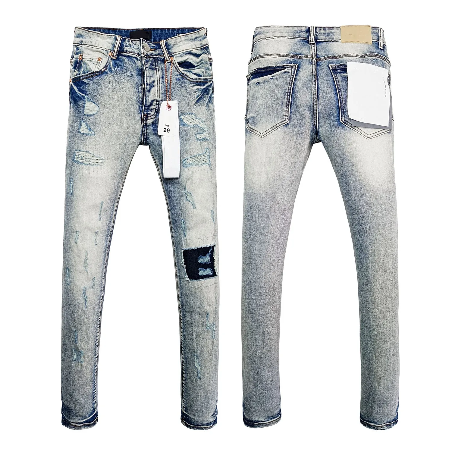 Wimaskel New Purples jeans American high street Retro wash hole patch trend straight Stylish low raise Elastic Skinny jeans brand pants