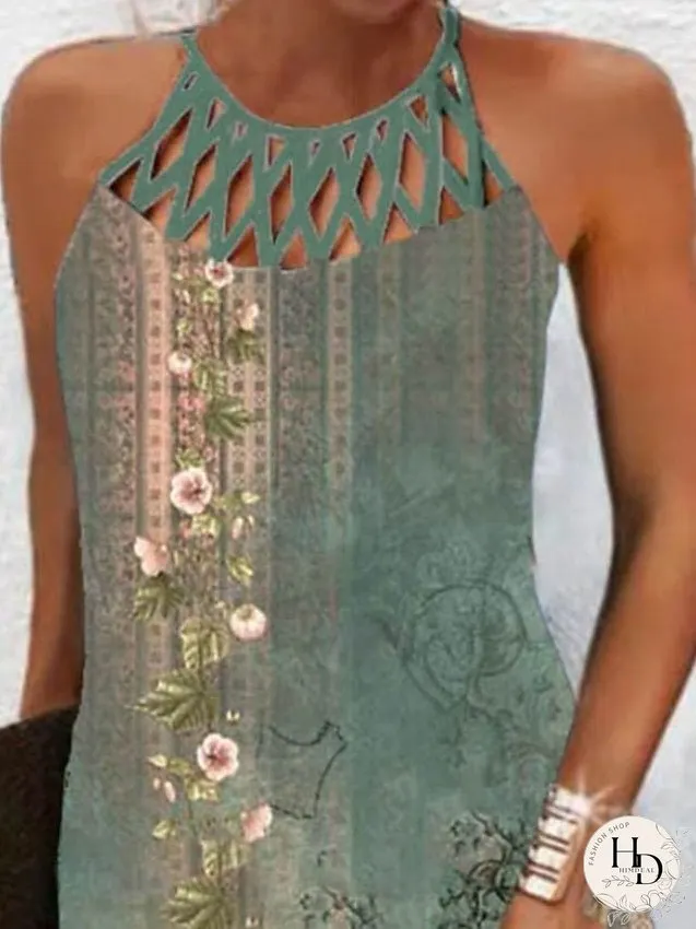 Casual Dress Sundress Summer Dress Floral Mesh Backless Halter Mini Dress Active Fashion Outdoor Home Sleeveless Regular Fit Blue Green Summer Spring S M L XL XXL for Women