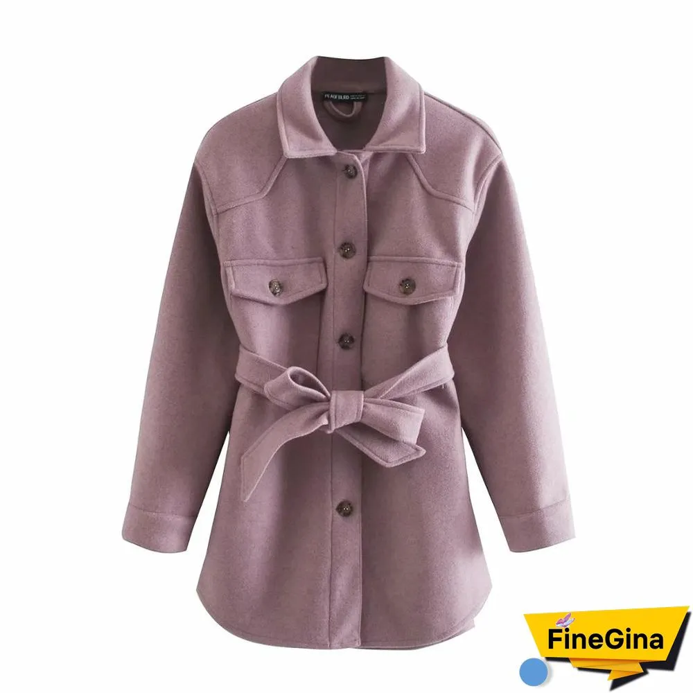 Women Fashion With Belt Loose Woolen Jacket Coat Vintage Long Sleeve Side Pockets Female Outerwear Chic Overcoat