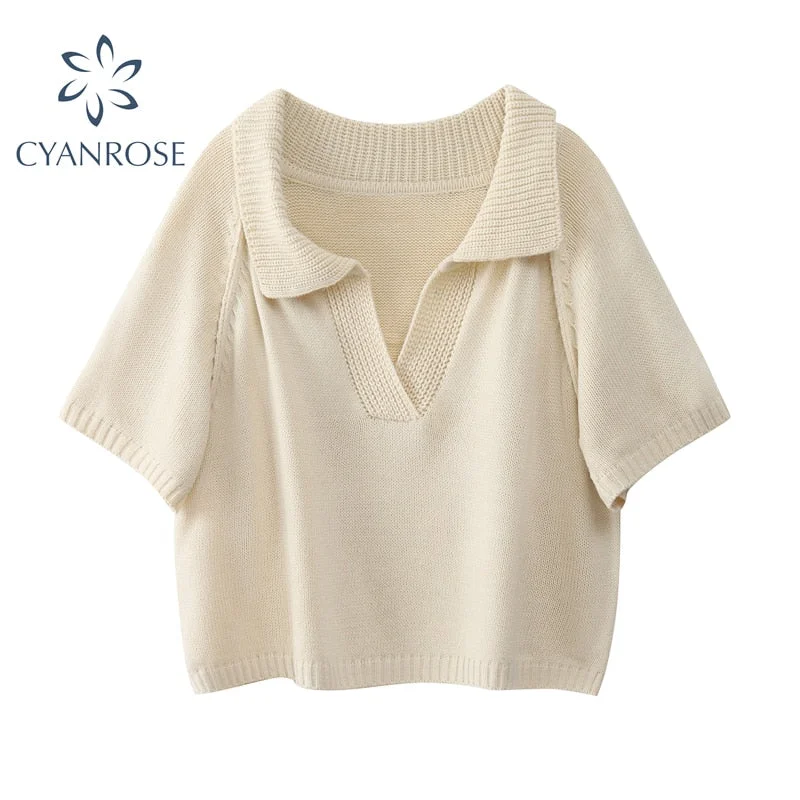 Vintage Korea Short Knitted Sweaters Women Thin Pullovers Fashion Short Sleeve Summer Casual Female Crop Top Ropa Mujer