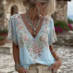 Women's Floral Embroidered Art V-neck Short Sleeved Linen Blend T-shirt - Image 4
