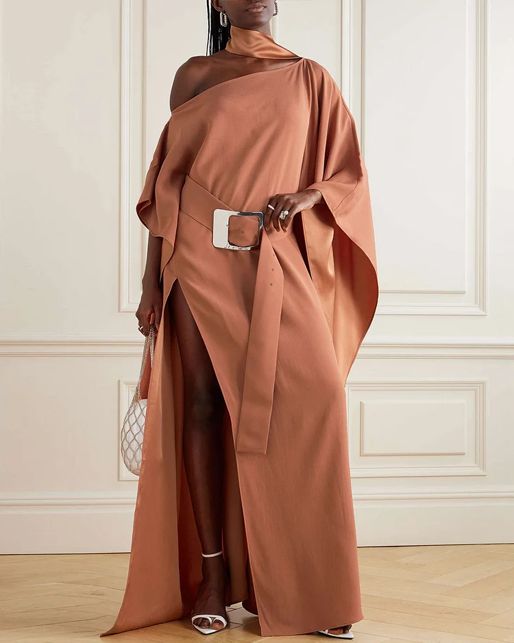 Belted One-Shoulder Cady Kaftan