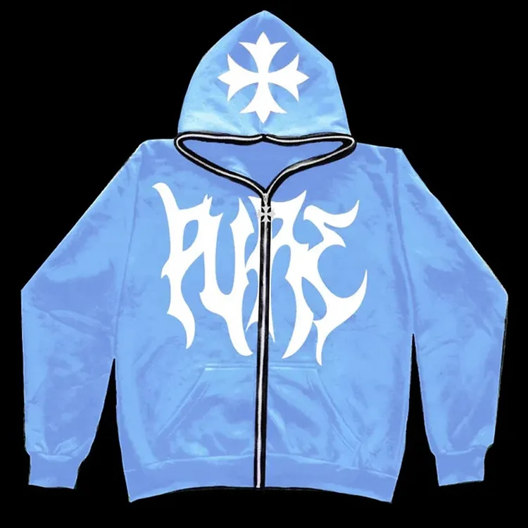 Hip Hop Street Cross Letter Print Sweatshirt Full Zip Up Hoodie at Hiphopee