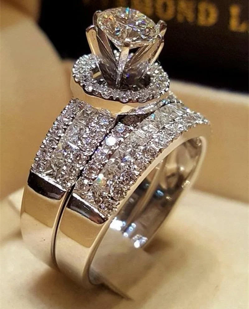 2Pcs/set Luxury Metal Craftsman Inlaid Zircon Rings Classic Woman Travel Reception Ring