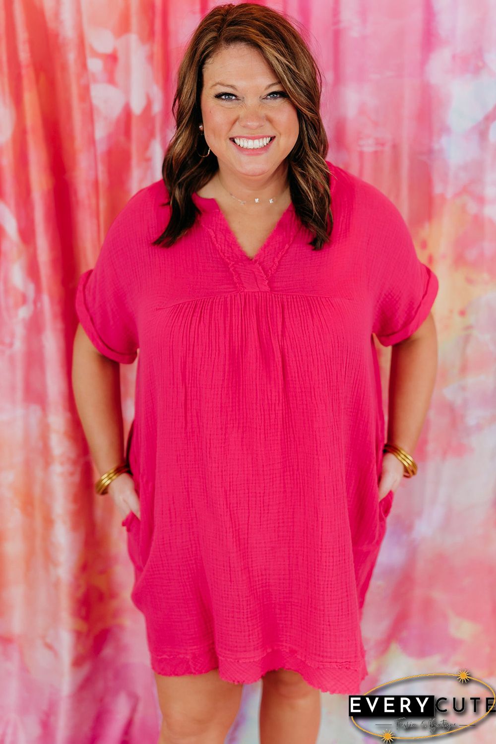 Rose Plus Size Ruched V Neck Pocket Short Sleeves Mini Dress