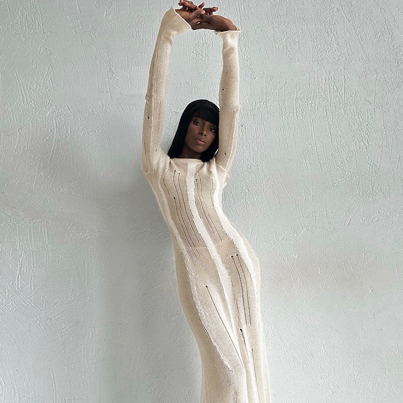 Ootddress Knitwear Hollow Out Solid Maxi Dress For Women See-Through High Waist Loose Knit Autumn Dress Fashion Elegant Party Dress