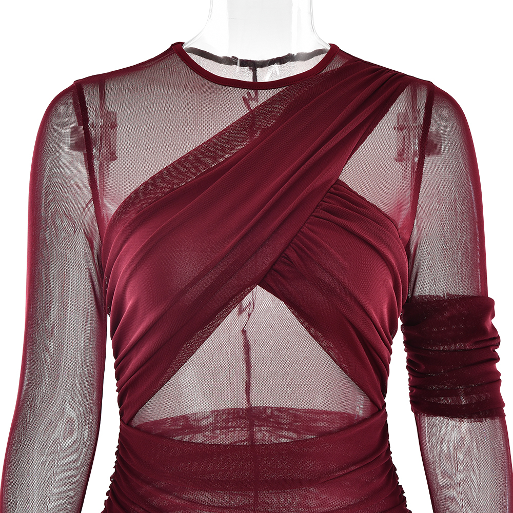 Elegant Mesh Patchwork Long Sleeve Bodycon Party Club Evening Dress Sexy Double Layer Perspective Vestido Autum Clothing