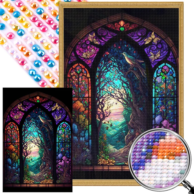 Bird Singing Branches Glass Painting 40*60CM (Canvas) AB Round Drill Diamond Painting gbfke