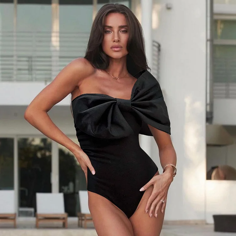 3D Bow Decoration One Shoulder One Piece Swimsuit and Split Skirt 