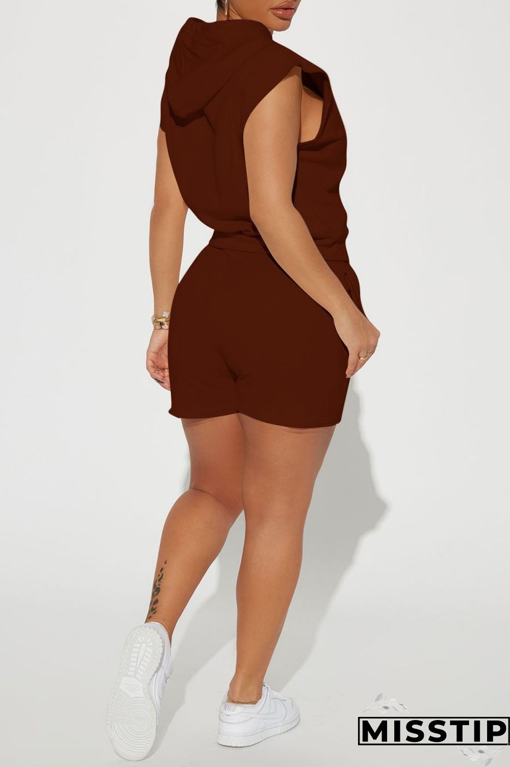 Orange Casual Solid Basic Hooded Collar Sleeveless Two Pieces