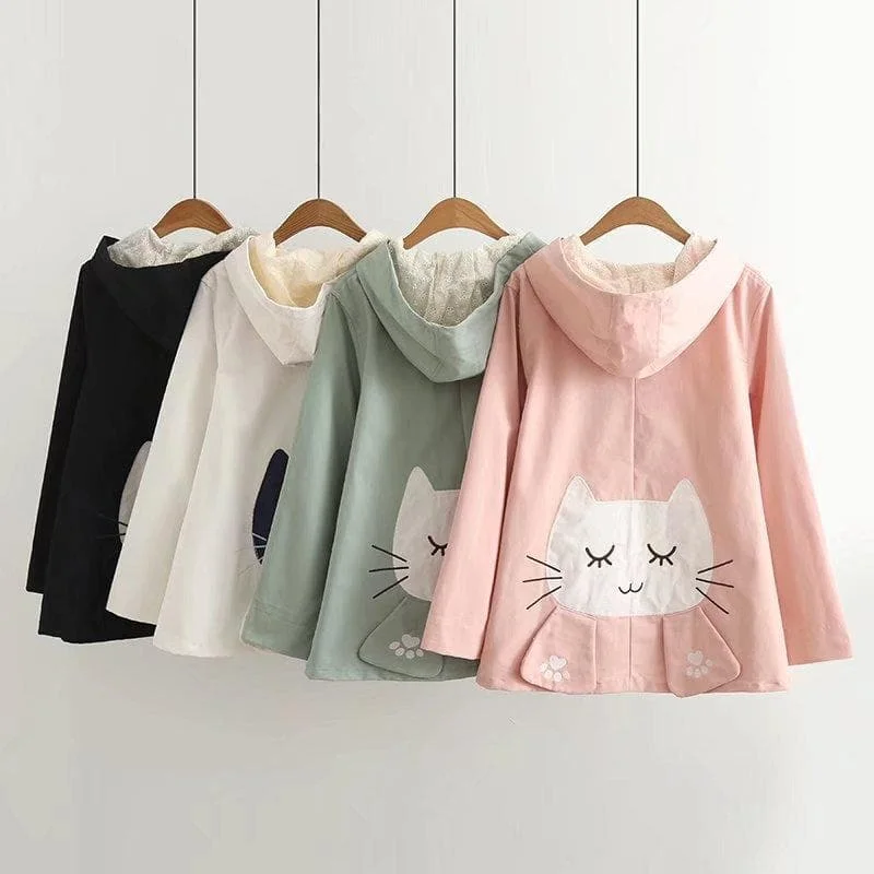 Kawaii Cat Embroidery Lace Hooded Jacket S13007