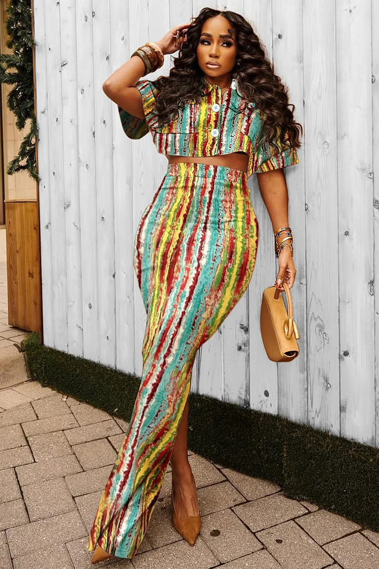 Striped Print Blouse Slim-Fit Maxi Skirt 2pcs Set-Multicolor [Pre Order]