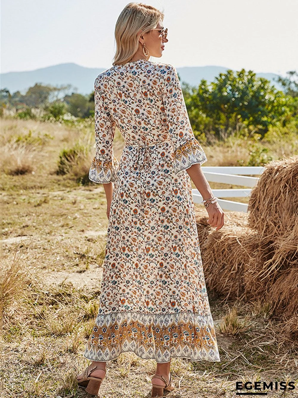 Bohemian Waist V-neck Floral Skirt Knee Length Skirt | EGEMISS