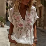 Women's Floral Embroidery Long-sleeved Linen Blend T-shirt - Image 2