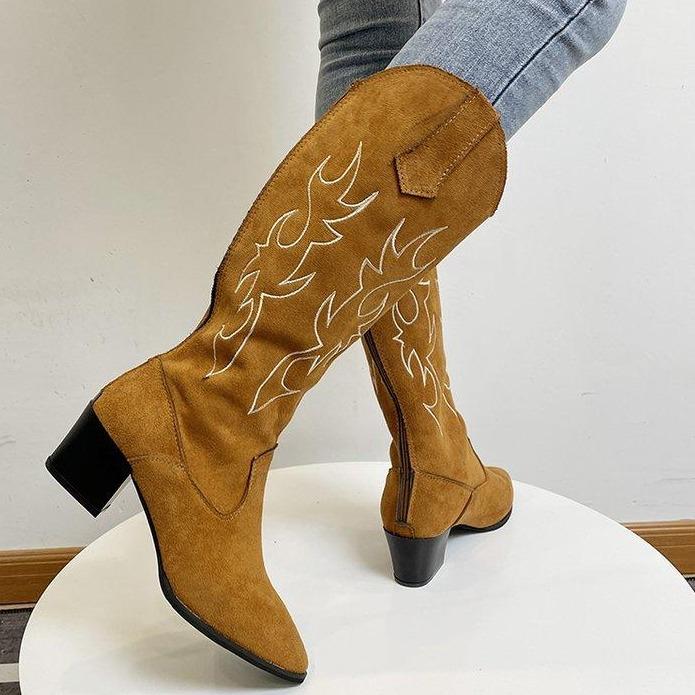 Women floral embroidery block heel mid calf cowboy boots