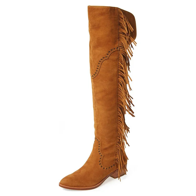 Tan Fringe Suede Over-the-Knee Fashion Boots Vdcoo