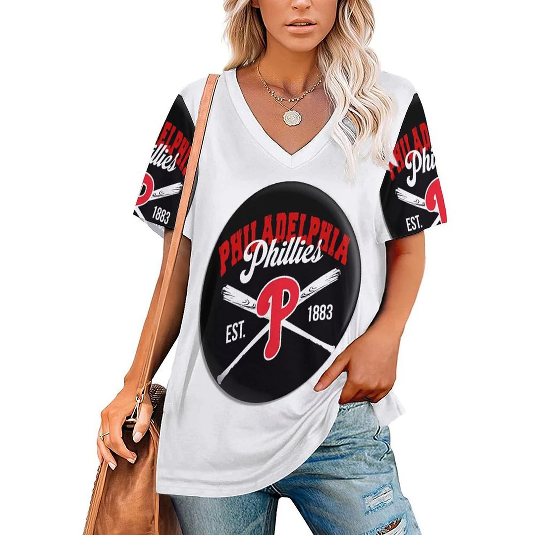 V-neck Short Sleeve Casual T-shirt for  Women Printed with Pattern Philadelphia Phillies, Blue, Red
